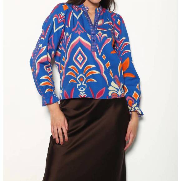 MAUDE VIVANTE Tops - Maude Vivante Ashley Top in Cobalt Ikat Printed Long-Sleeve Blouse